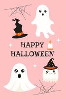 A Halloween themed poster with four ghosts and a witch. The poster says Happy Halloween and features a spider web and a candle vector
