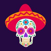 A skull with a flowery hat on top. The skull is decorated with flowers and the hat is red and orange vector