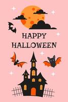 A Halloween themed poster with bats flying around a castle and a moon in the background. The poster says Happy Halloween in bold letters vector