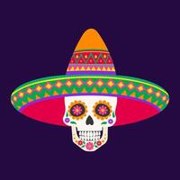 A skull with a flower on it is wearing a sombrero. The skull is smiling and the sombrero is colorful vector