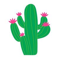 A cartoon cactus with pink flowers on it. The cactus is green and has a pink flower on each of its five branches vector