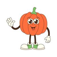 A cartoon pumpkin is waving to the camera. The pumpkin is smiling and has a happy expression. The pumpkin is wearing white gloves and has a green shoe vector
