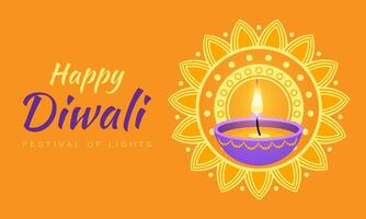A colorful orange background with a yellow flower and a purple bowl with a candle in it. The background says Happy Diwali and the bowl says I Festivals of Lights vector