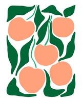 A drawing of five oranges with green leaves. The drawing is abstract and has a playful, whimsical feel to it vector