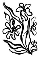 A black and white drawing of a flower with a stem. The flower is in the center of the drawing and has a few other flowers around it. The drawing has a simple and elegant feel to it vector