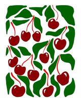 A close up of cherries with green leaves. The cherries are arranged in a pattern, with some overlapping and others standing alone vector