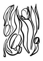 A drawing of flowers with a black background. The flowers are drawn in a stylized way, with some of them appearing to be in motion vector