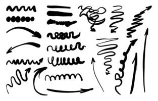 A collection of black and white drawings of arrows and squiggles. The drawings vary in style and length, but all share a sense of movement and energy. The overall mood of the images is playful vector