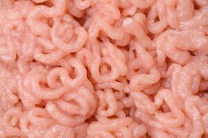 Fresh raw chicken mince with salt, spices and herbs photo