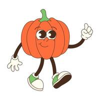 A cartoon pumpkin is walking and pointing to the right. The pumpkin is smiling and has a happy expression vector