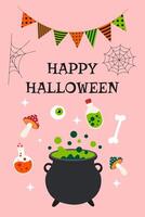 A Halloween themed card with a black cauldron and a green potion. The card says Happy Halloween and features a spider web and a skeleton vector