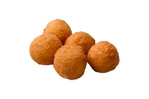 French fries balls with breaded brie or camembert cheese with sweet berry sauce photo