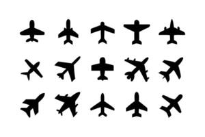 avión íconos colocar, negro avión iconos conjunto de negro avión y chorro silueta icono, negro avión icono colección vector