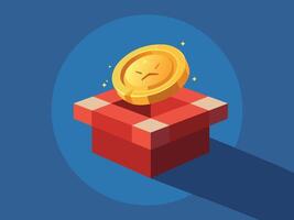 Golden Coin with Star on Red Gift Box. Reward Icon with Long Shadow vector