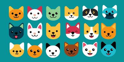 Set of Colorful Cute Cat Face Icons Illustration vector