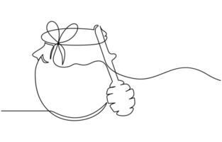 Continuous single line drawing of sweet honey in jar with dipper drip vector