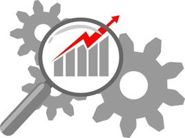 A magnifying glass is over a graph and gears vector
