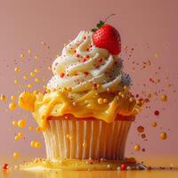 Photo of a cupcake with solid colors in background