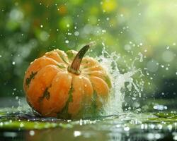 Photo of a fresh pumpkin with water splash