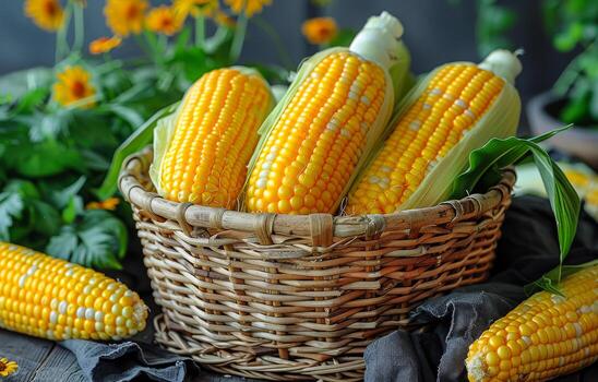 recién cosechado maíz en un rústico cesta monitor un cesta lleno con vibrante amarillo maíz descansa entre verdor y flores, exhibiendo el belleza de un estacional cosecha. foto