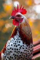 Colorful rooster perched on fence in autumn light A vibrant rooster with speckled feathers stands proudly on a fence, illuminated by soft autumn sunlight filtering through the trees. photo