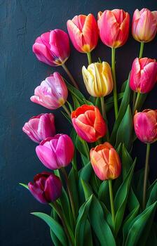 vistoso tulipanes arreglado en un oscuro antecedentes un ramo de flores de vibrante tulipanes en varios colores contrastes hermosamente en contra un oscuro fondo, exhibiendo muelles belleza y frescura. foto