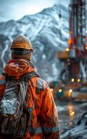 Worker in orange jacket by snowy rig A worker in a vibrant orange jacket stands with a backpack, overlooking a drilling rig set against snow-capped mountains. photo