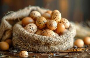 Freshly gathered speckled eggs in a rustic setting A burlap sack overflows with various speckled eggs, surrounded by natural materials and rustic decor, showcasing organic abundance. photo