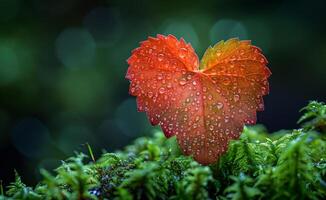 Heart-shaped leaf with dew on mossy forest floor A bright red heart-shaped leaf covered in droplets rests on lush green moss beneath a canopy of trees in the forest. photo