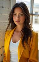 Woman in yellow blazer by a window A young woman stands gracefully near a window, wearing a yellow blazer and a white top, with soft natural light illuminating her features. photo