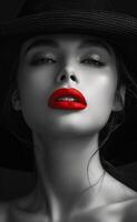 Elegant portrait of a model with bold red lips A striking model poses elegantly, showcasing defined features and bold red lips against a dark background, creating a dramatic contrast. photo