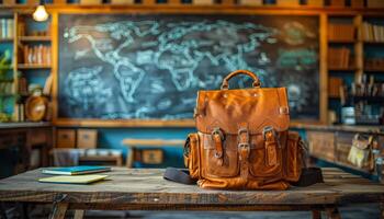 Leather backpack on wood table with map A vintage leather backpack sits on a rustic wooden table in a cozy classroom, surrounded by a chalkboard world map and stationery. photo