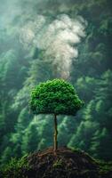 A tree emits smoke in a mystical forest setting A vibrant green tree stands alone, releasing a plume of smoke amidst a lush forest background, creating an enchanting atmosphere. photo