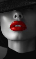 Stylish mannequin with red lips and a black hat A close-up view of a mannequin's face showcasing bold red lips highlighted by a dark hat, emphasizing a striking fashion statement. photo