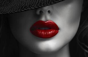 Elegant close-up of red lips beneath a dark hat A striking close-up showcases bold red lips contrasted against a gray tone, partially obscured by a stylish dark hat, exuding allure. photo