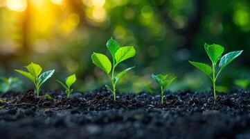 Young plants growing in rich soil at sunset Small green seedlings emerge from dark soil, illuminated by the warm glow of sunset, symbolizing growth and new beginnings. photo