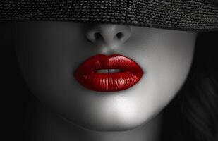 Red-lipped woman in a black hat A close-up captures a woman with striking red lips and a black hat obscuring her eyes, creating an air of mystery and allure. photo