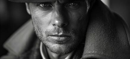 Man in a hat, evening close-up A man with striking features gazes intently at the camera, wearing a hat and coat in soft, moody lighting. photo