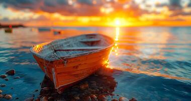 Serene sunset over a calm lake with a small boat A vibrant sunset lights up the sky as a small boat rests on the water's edge, surrounded by smooth stones near the shore. photo