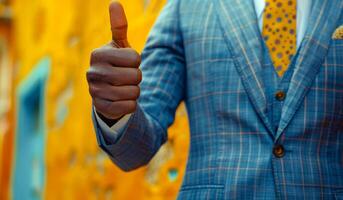 Man giving a thumbs up in a vibrant urban setting A well-dressed man shows a thumbs up gesture, standing against a bright yellow wall, exuding confidence and positivity. photo