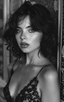 Elegant portrait of a woman in intimate setting A woman poses gracefully in a dimly lit room, showcasing her expressive features and soft curls against a decorative backdrop. photo