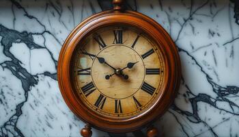 Antique wooden clock on marble table at home An elegant antique wooden clock rests on a polished marble table, highlighting timeless craftsmanship in a cozy home setting. photo
