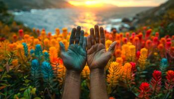 Hands lifted among vibrant flowers at sunset Two hands are raised toward the sunset, surrounded by colorful flowers, capturing a moment of connection with nature. photo