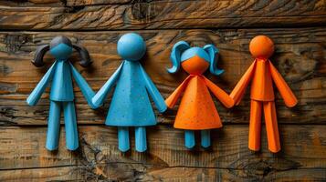 Colorful figures holding hands on wood Four crafted paper figures in vibrant colors are joined by hands on a rustic wooden background, embodying friendship and unity. photo
