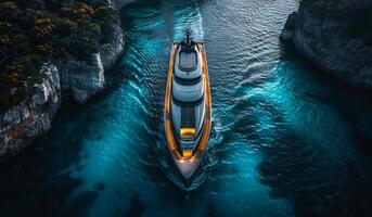 Luxury yacht in rugged coastal waters A sleek yacht navigates clear blue waters, surrounded by rugged cliffs and lush greenery under a bright sky. photo