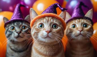 Three cats in colorful hats celebrate a fun event. Three adorable cats, one orange and two gray, wear festive hats against a backdrop of colorful balloons, ready for a celebration. photo