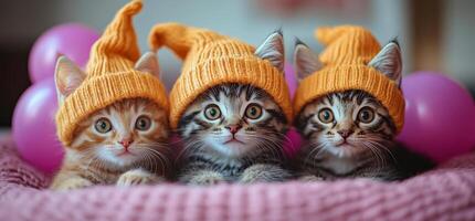 Three playful kittens wearing knitted hats indoors. Three adorable kittens in orange hats sit together, surrounded by colorful balloons on a cozy blanket, showcasing their playful nature. photo