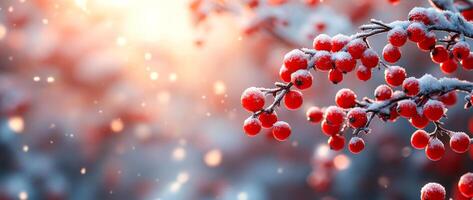 Winter berries covered in snow during golden hour. Bright red berries glisten under a light snowfall as the sun sets, creating a magical winter atmosphere in the background. photo