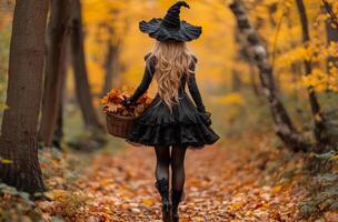 A witch gathering autumn leaves in a forest. A woman in a witch costume collects colorful autumn leaves in a serene forest filled with golden foliage. photo