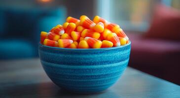 Colorful candy corn in a blue bowl on a table for Halloween. A blue bowl filled with bright orange and yellow candy corn sits on a table with a cozy backdrop, creating a festive atmosphere. photo